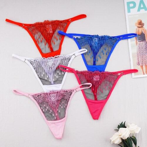 Sexy Hollow Out Mesh Transparent Womens Underwear Lace Embroidered Thong Adjustable Panties Sexy Lingerie Hot G-String Thongs