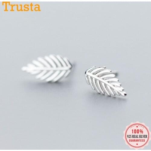 Trusta 100% 925 Sterling Silver Womens Fashion Tiny 13mmX7mm Leafs Stud Earrings Gift For School Girls Daughters Gift DS795