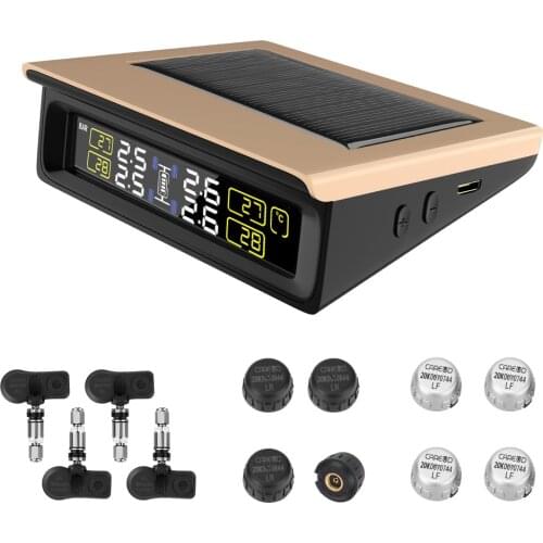 PSI/BAR Mode TPMS Tire Pressure Monitoring System with 4 Internal/External Sensor Replaceable Battery Solar Power LCD Display