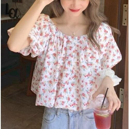 Luck A Summer Beach Floral Kawaii Shirt Women Print Holiday Sweet Cute Korean Short Sleeve O-neck Street Fashion Elegant Tops