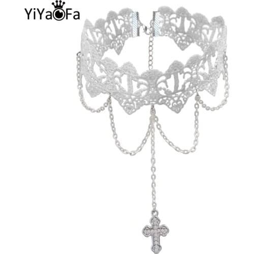 YiYaoFa Vintage White Lace Necklace Cross Pendant Choker Necklace for Women Accessories Gothic Lady Party Jewelry Collar GN-72