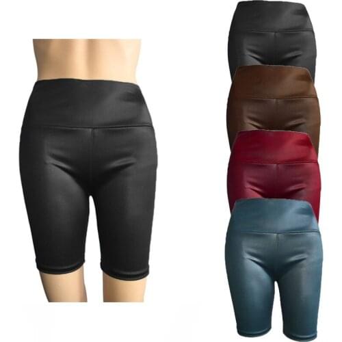 Womens Leggings Shorts High Waisted Abdomen Safety Pants Faux Leather