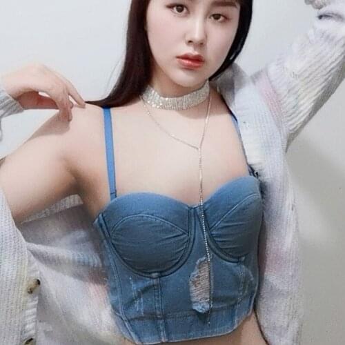 Women Destucted Denim Bustier Top Spagehtti Strap Ripped Push Up Corset Camisole Vest Night Club Jeans Bralette