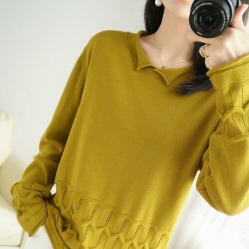 Autumn Winter New Cotton Sweater Womens Round Neck Large Size Loose Hem Hollow Knitting Pullover Sweater Long Sleeve Outer Wear