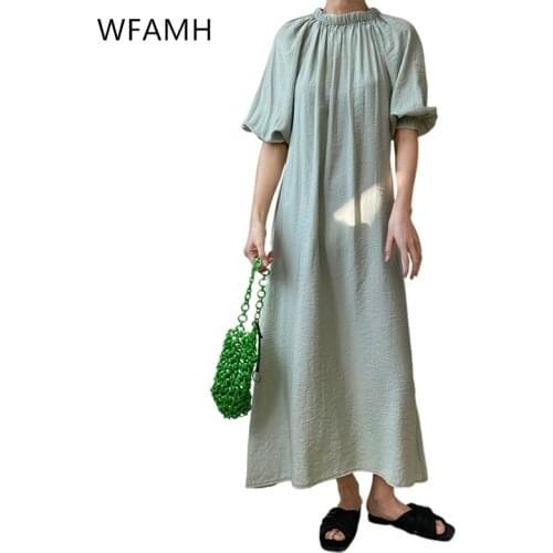 2021 summer new fashion temperament lantern sleeve dress loose and thin straight drape elegant long skirt female thin COTTON