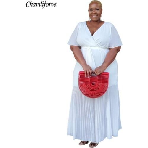 Plus Size Clothing for Women 2021 African Women V-neck Short Sleeve White Long Dress African Dresses for Women African Clothes