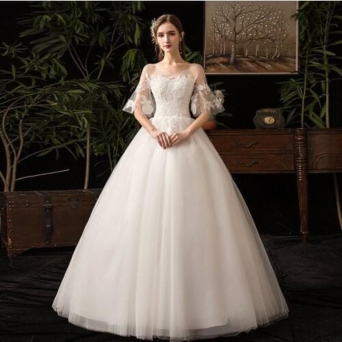 New O-neck Wedding Dresses Simple Off White Lace Cheap Wedding Gown De Novia