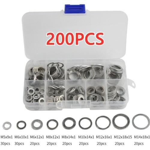 200Pcs Aluminum Flat Washer Gasket Set Flat Ring Seal Kit Set 9 Sizes M5/M6/M8/M10/M12/M14 with Box