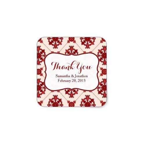 3.8cm Elegant Red Medallion Pattern Wedding Thank You Square Sticker