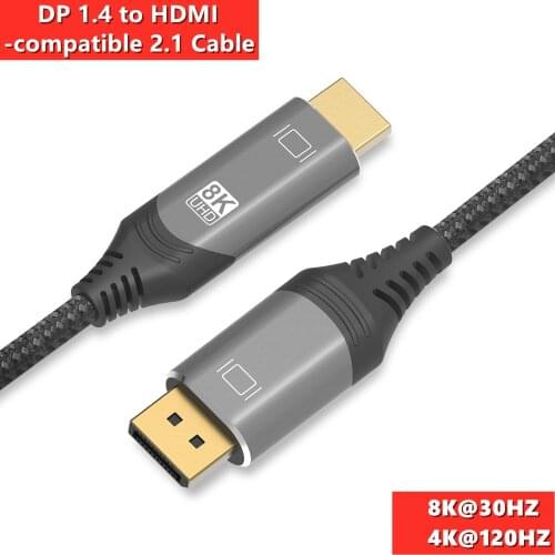 8K@30Hz 4K@120Hz DP to HDMI-compatible Super Cable 8K High Speed 48Gbps 3D UHD DHR DP 1.4 to HD 2.1 Cable for PC HDTV Projector