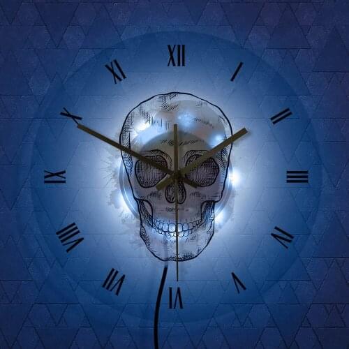Watercolour Skull Head With Retro Roman Numerals Acrylic Wall Clock Colorful Hand Drawn Skeleton Head Decorative Wall Art Watch