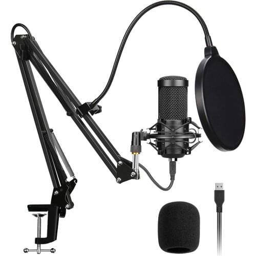 Arikasen USB Microphone 16mm Large Diaphragm 192KHZ/24Bit Cardioid Condenser PC Mic with Two Metal Stand for Podcasting Youtube