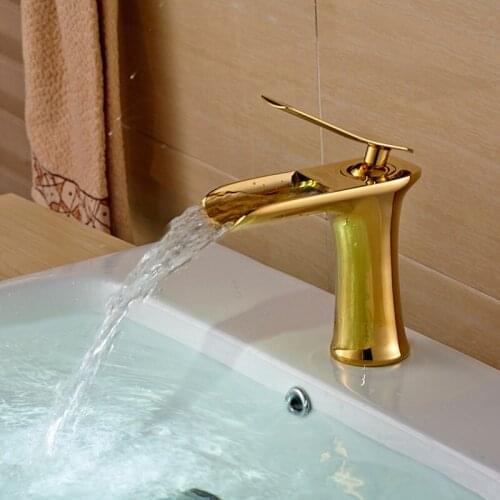 Free Shipping New design solid brass gold bathroom waterfall faucet with single handle single hole golden bathroom basin tap