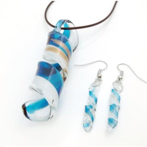 Free Shipping Wholesale 3Sets Blue Swirl Lampwork Glass Pendant Necklace Earrings Set, Fashion Jewelry Set