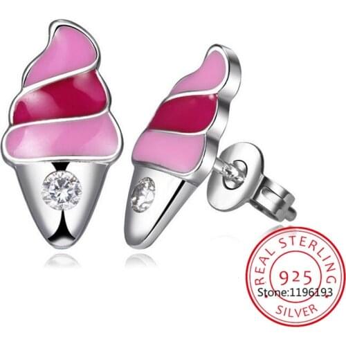 Children 925 Sterling Silver Pink Enamel Cute Ice Cream Small Stud Earring For Baby Kids Girls Cute Party Earring Korea Jewelry