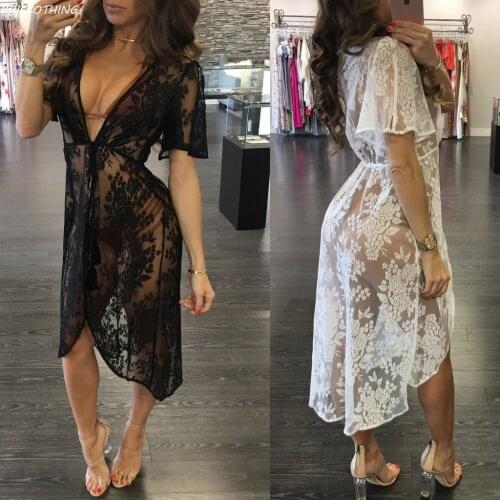 IASKY See through Swimsuit Cover Up 2017 Women Sexy lace Dress Solid Beach Cardigan Bathing Suit Cover Up