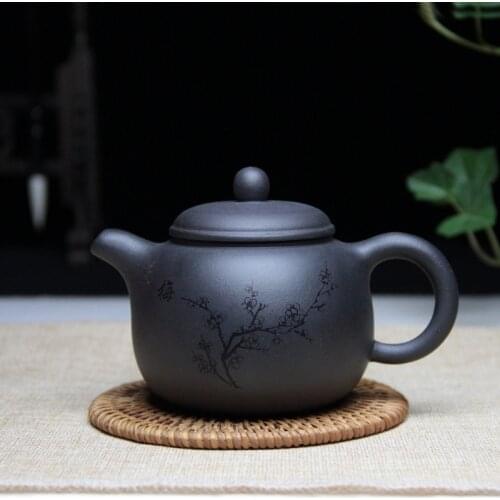 Yixing Purple Clay Pot Raw Mineral Black Material Semi-Handmade Kung Fu Teaset Carved Plum Blossom House Tea Set