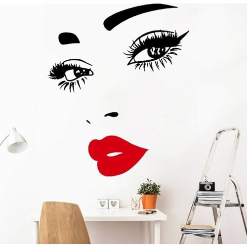 Beautiful Girl Wall Sticker Beauty Salon Decal Sexy Red Lips Decals Girls Bedroom Wall Decoration Personailzed Home Decor Lashes