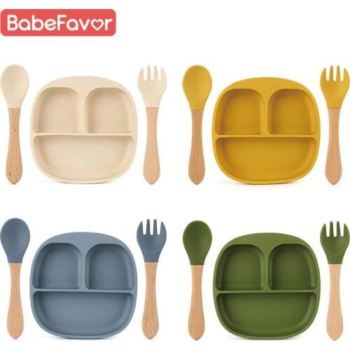 Kids Plates Spoon and Fork Set Silicone Food Grade Solid Children Dishes Training Tableware Dinnerware Baby Feeding Plate Bowls