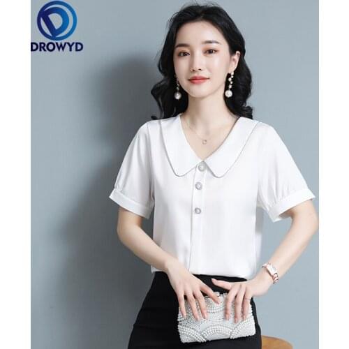 Fashion New White Shirt Womens Mercerized Satin 2021 Summer New Fashion Temperament Short-sleeved Pullover V-neck Blouse Tops
