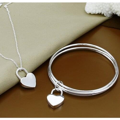 925 Silver Heart Lock Pendant Necklaces Bangles Women Fashion Wedding Silver Jewelry Set Gift