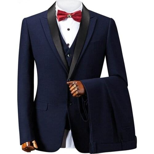 Drop Shipping Fashion Mens Suits Prom Wedding Groom Suit 3 Piece (Jacket+Pants+Vest) Navy Blue Slim Fit Formal Mens Tuxedo 2019