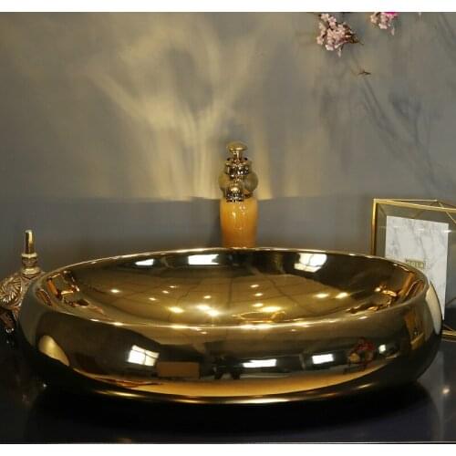 Oval gold Bathroom Ceramic Counter Top Wash Basin Cloakroom Hand Painted Vessel Sink bathroom sinks art bowl bathroom sinks