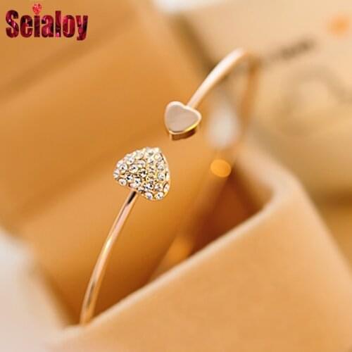 SEIALOY Simple Japanese Korean Style Rose Gold Crystal Love Heart Shape Brands Bracelets Bangles For Women Girls Jewelry Gift