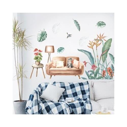 Nordic Modern Wall Stickers Watercolor Green Cat Wallpapers Home Decor Bedroom Living Room Dining Room Background Decoration