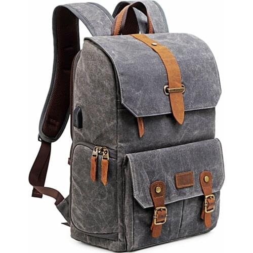 Batik Canvas + Leather Waterproof Photography Camera Backpack Tripod Bag Padded Water-resistant Lens Case for Nikon Canon Sony