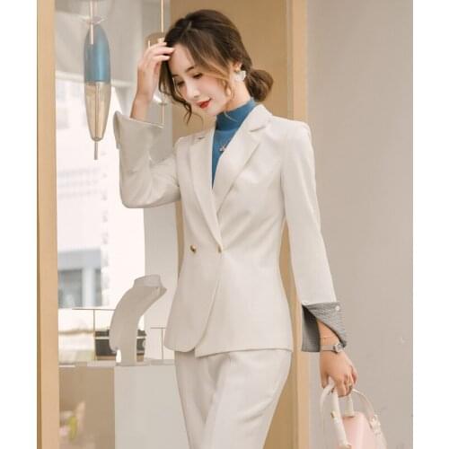 Womens suits 2019 autumn and winter new Slim solid color double-breasted professional wear wild trousers womens two-piece suit