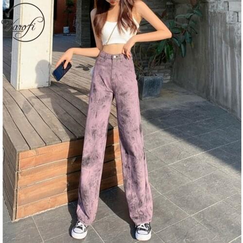 Varofi Purple jeans High street tie-dyed jeans womens high waist plus size loose straight leg pants y2k jeans purple pants