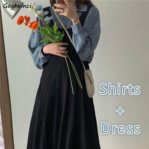 Women Sets Shirts Sleeveless-dress Autumn Fashion Harajuku Solid A-line Mid-calf Vintage Simple Students Chic Casual Ulzzang New