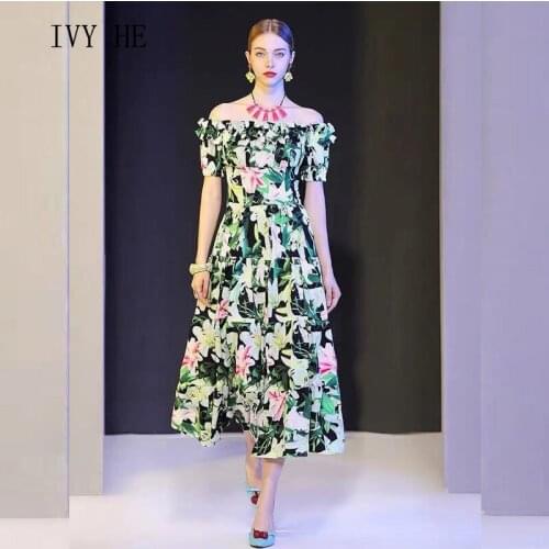 IVY HE High Quality Summer Dress Woman Clothing Elegant Ruffles Slash Neck Holiday Midi Long Dress Traf Robe ZA Party Dresses