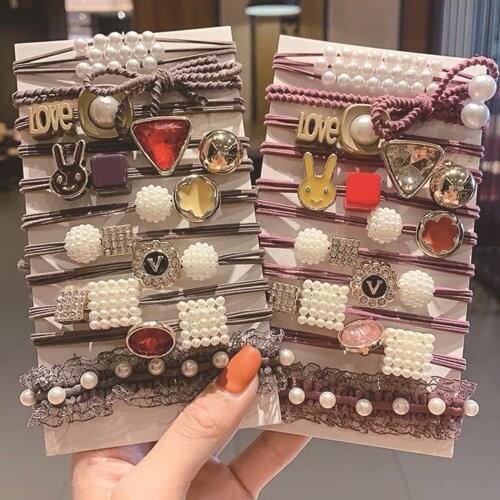 11Pcs/Set Women Elastic Hair Rope Cute Pearl Girl Ponytail Holder Cartoons Hairpin Hair Accessories