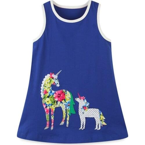 Kids Frocks for Girls Summer Toddler Clothes Dark Blue Unicorn Embroidery Animal Cotton Vestiods Sleeveless Dress for 2-7 Years