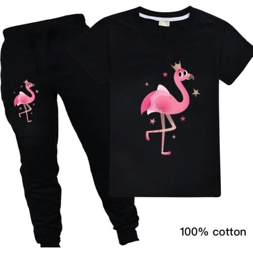 Harajuku Kids Clothing Flamingo Print Girl T Shirt and Black Pants for Boys 3 To 14 Years Cute Casual Girls Boutique Outfits