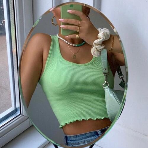 IR-CKERT 2021 Newest Summer Woman Casual Clothing Sleeveless O-neck Light Green Ribbed Tank Top Female Streetwear Outfits