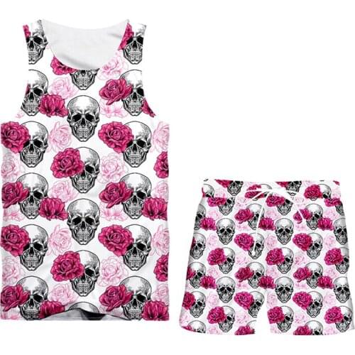 IFPD Mens Sets Cool Pink Floral Skull 3D Print Tops And Shorts Womens Sets Tshirt Y2k Streetwear Suits Oversized 6XL Sportwear