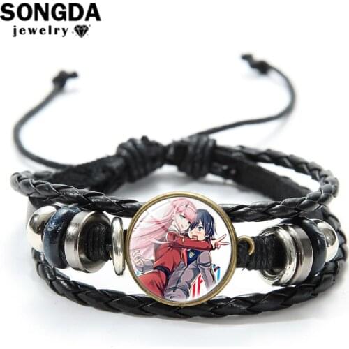SONGDA DARLING In The FRANXX Multi-layer Leather Bracelet 02 ZERO TWO HIRO Couple Anime Pattern Glass Dome Bracelet Cosplay Gift