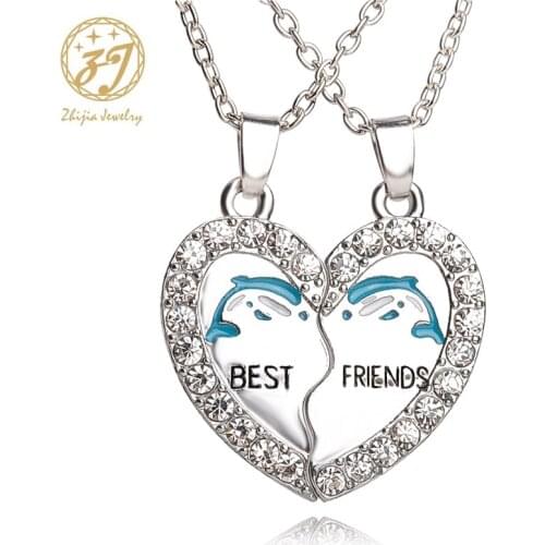Zhijia 2pcs Blue Dolphin Necklace Best Friends Necklaces Rhinestone Heart Animal Necklace For Bestfriend friendship jewelry Gift