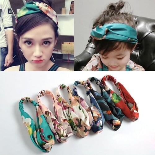 Headbands Women Hair Accesorries Girl Head band Floral Print Silk Satin fabric Hairbands Elastic Cross Turban Promotion