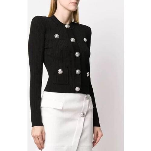 4.27 European Tide Slim Knitted Cardigan Short Coat Temperament O-neck Long sleeve Metal Button Decoration Cardigan Coat