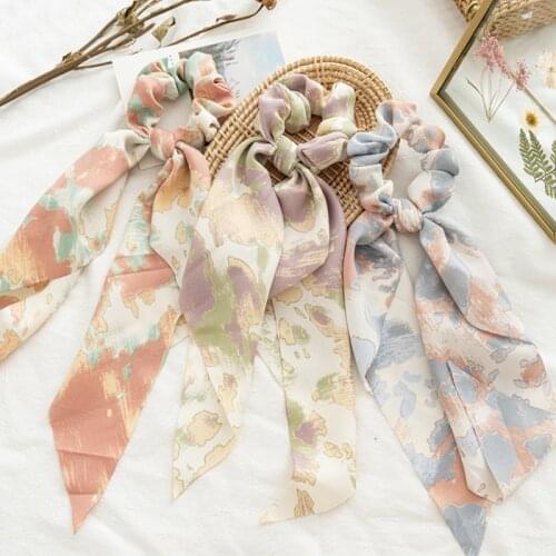 Fashion Tie-dye Bow Satin Long Ribbon Scrunchies Women Girls Elastic Hair Bands Ponytail Scarf Hair Tie Hair Accessories
