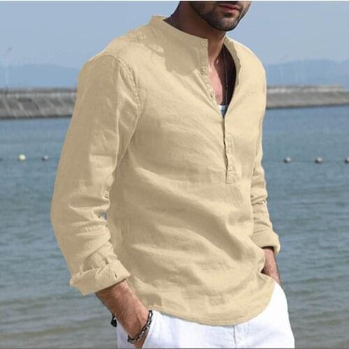 Autumn New Mens Blouse Linen Stand Collar Loose Shirt Casual Handsome Male Shirt Fashion Button Solid Color Top Tee
