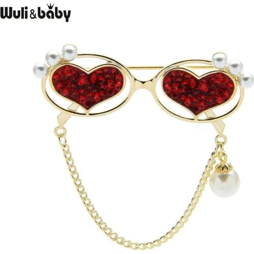 Wuli&baby New Designer Heart Glasses Brooches For Women 2-color Czech Rhinestone Chain Glass Party Casual Brooch Pin Jewelry