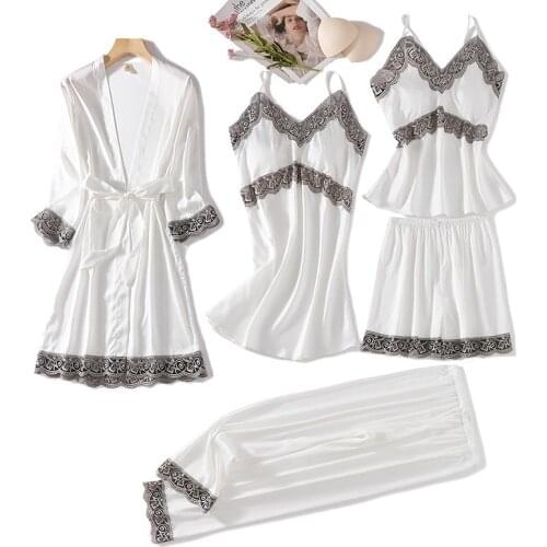 Satin Lace Sleepwear Set Female 5PCS Pajamas Sleep Suit Summer Sexy Pyjama V-Neck Sleepwear Kimono Robe Gown Lingerie With Pants