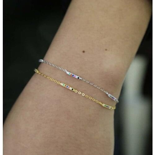 Fashion thin chain bracelet bar rainbow pave multi colors zircons delicate link chain bracelets 100% 925 sterling silver jewelry