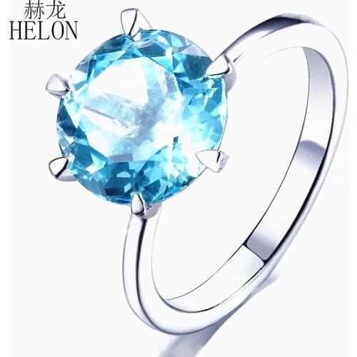 HELON Solid 14k White Gold AU585 Flawless 10mm Round Genuine Blue Topaz Engagement Wedding Ring Women Party Trendy Fine Jewelry