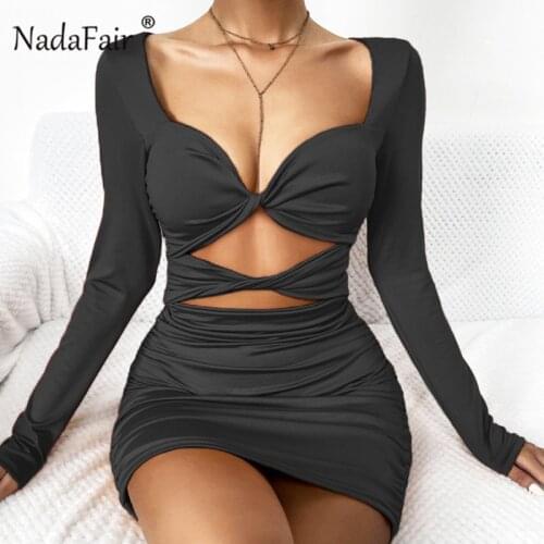Nadafair Cut Out Sexy Long Sleeve Dress Women Low Cut Sheath Red Blck 2021 Autumn Winter Club Bodycon Mini Party Dress Festival